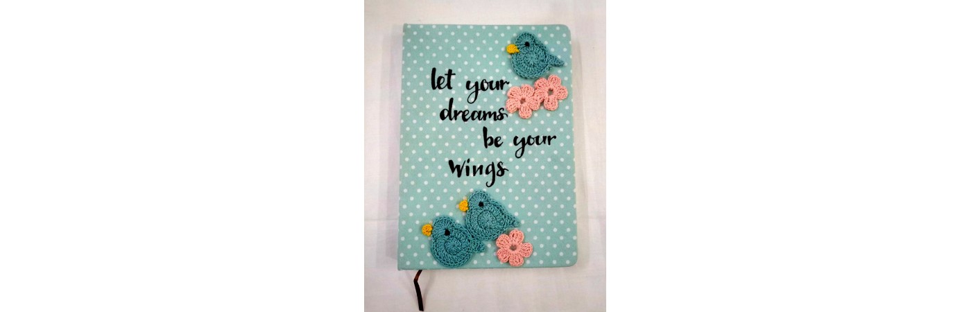 Diary with Crochet Embellished Birds and Pink Flowers